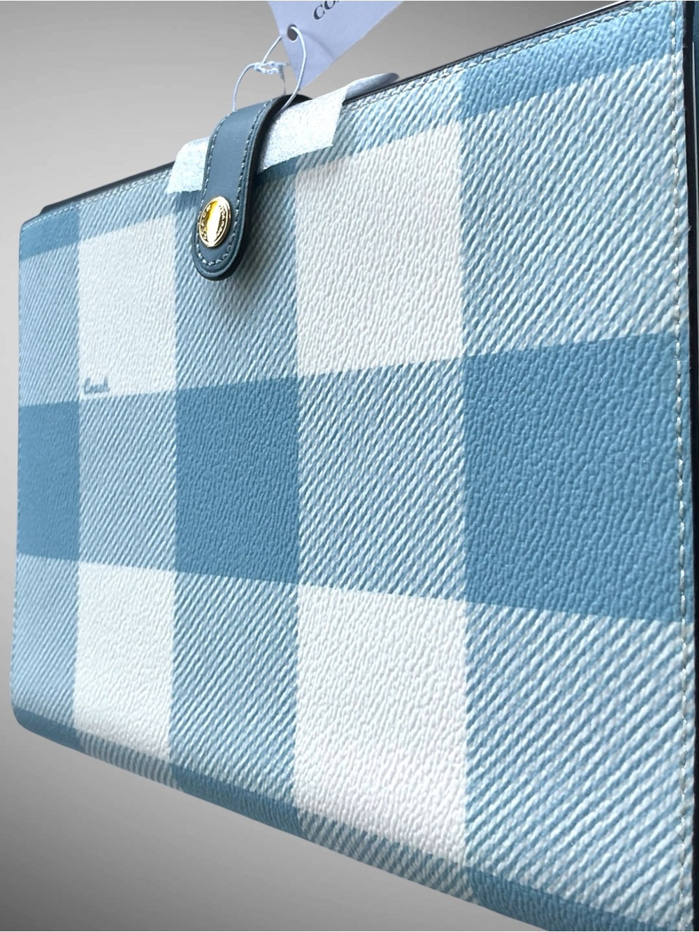 Coach Gingham Print Notebook Journal Blue White Plaid Snap Closure NWT